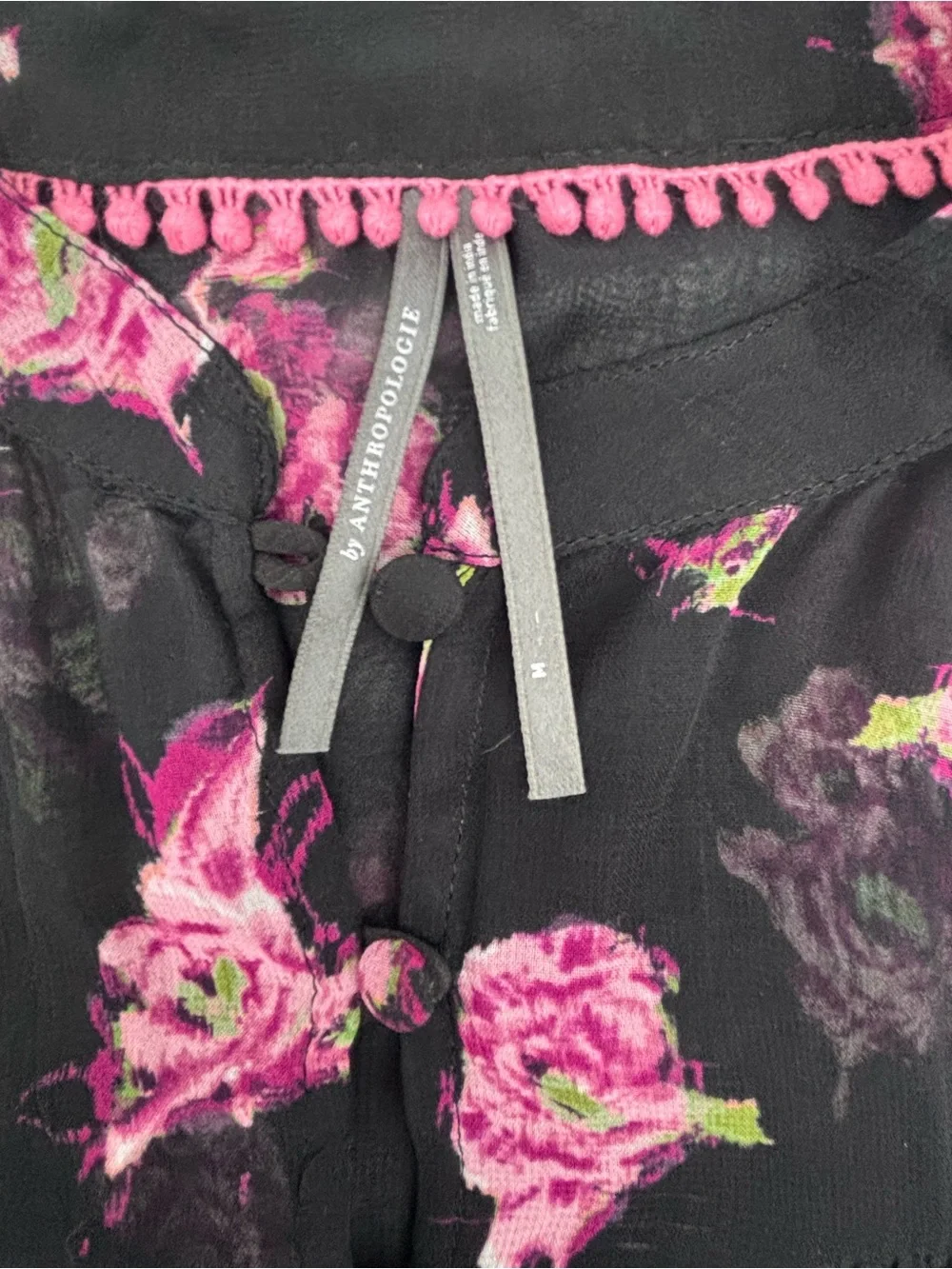 Anthropologie Black Floral Sheer Button-Front Blouse - Picture 2 of 11